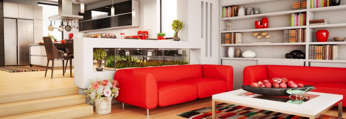 Living room with red couches 