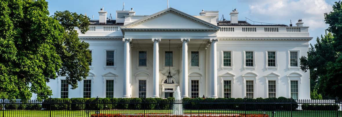 Front view of the White House on a sunny day