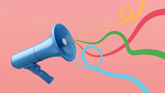 megaphone with colorful ribbons depicting an annoucement