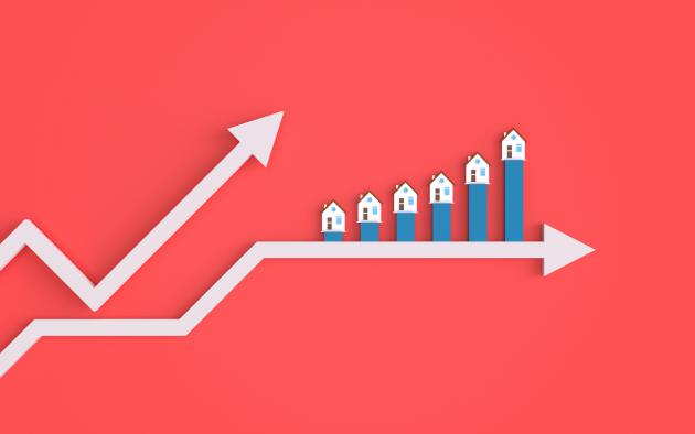 Bar chart with arrows and houses