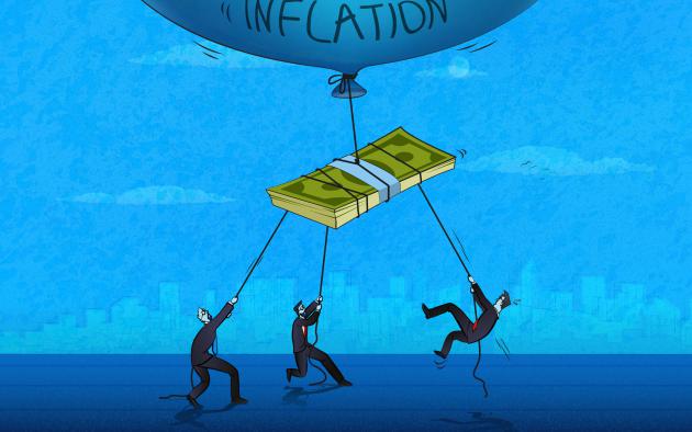 money flying away on inflation balloon with people holding it down