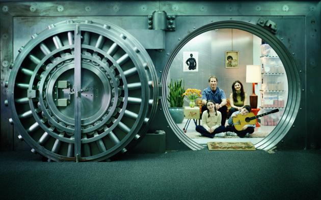 Open bank vault with family living room inside