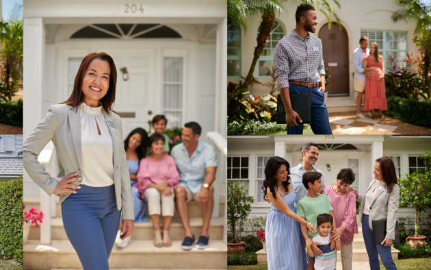 Realtor and two families stand in front of a house