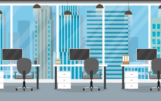illustration of interior office space with 3 computer desks