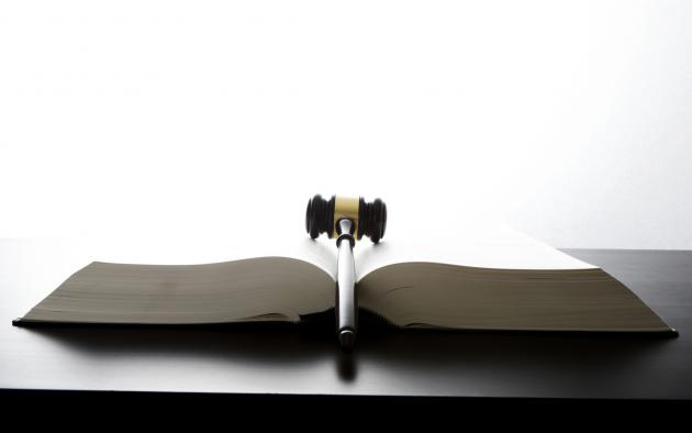 Legal gavel between the pages of an open book