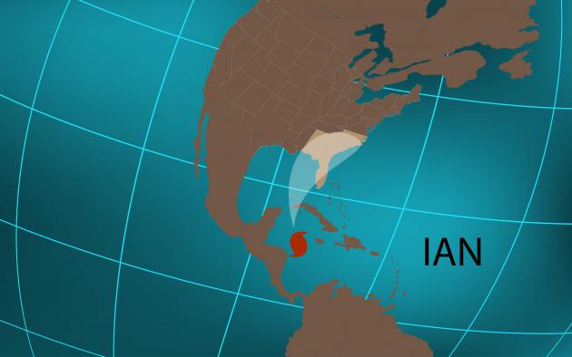 Graphic globe drawing shows track of Hurricane Ian