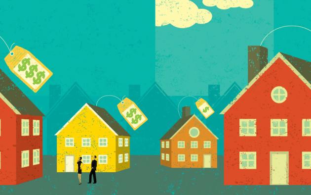 Illustration of various size houses with different price tags and couple looking at them