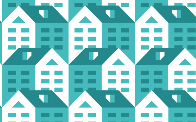 Illustration of blue graphic houses repeating pattern
