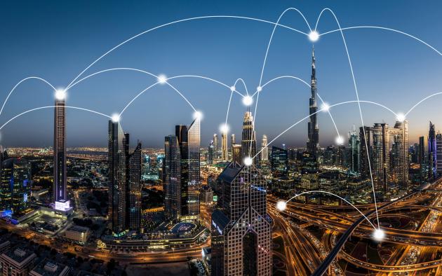 city skyline with illustrated lines connecting buildings