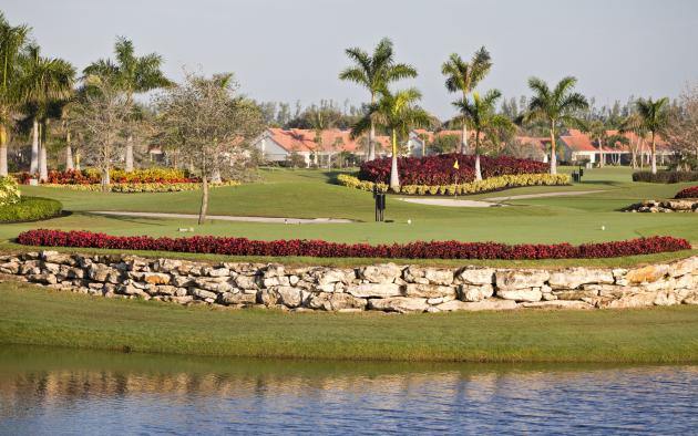 Condos behind one of the links on a Florida golf course fairway