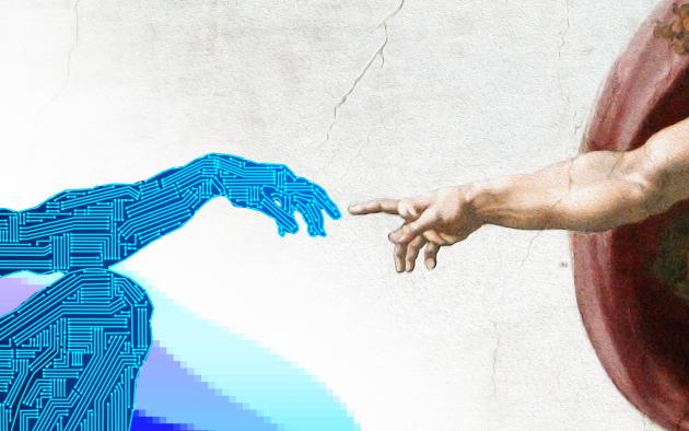 God on the Cistine Chapel touching an AI hand to give it life
