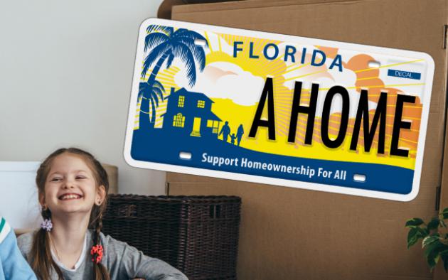 family in new home laughing with overlay of license plate