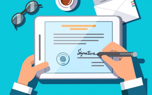 illustration of someone signing a contract on a tablet