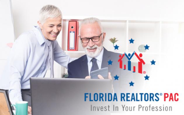 Man and woman with calculator and computer with Florida Realtors PAC logo