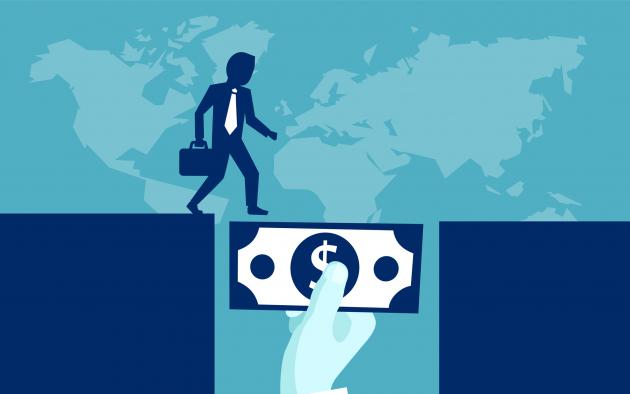 Cartoon man using a dollar bill as a bridge loan
