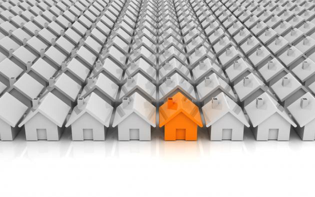 orange house in rows of white houses illustration