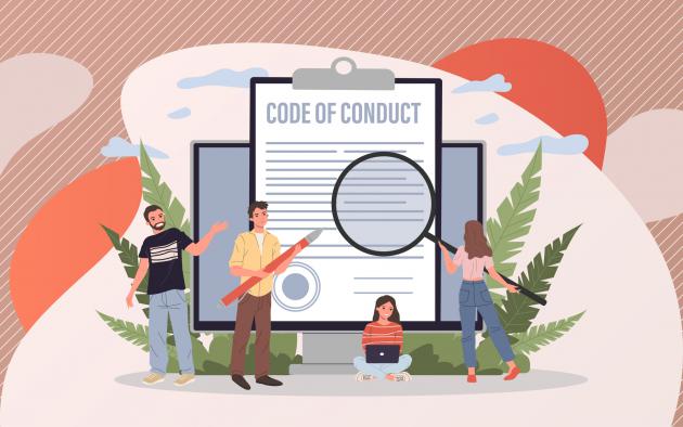 People with magnifying glass looking at code of conduct illustration