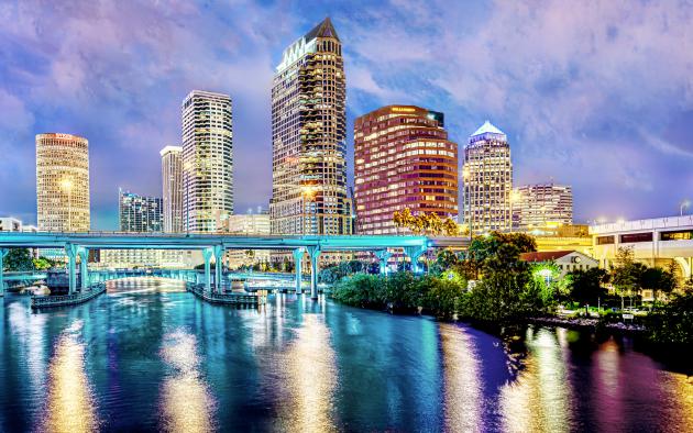 Tampa overview of buildings from the water at night