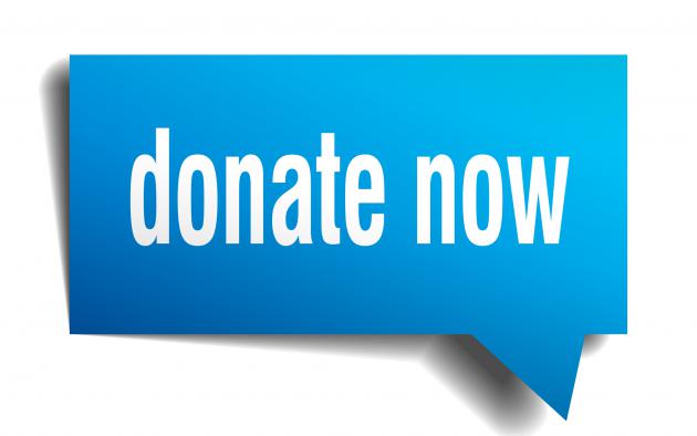 Blue quote bubble with words "donate now"