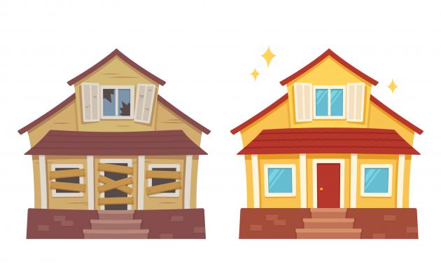 Rundown cartoon house beside an upgraded version