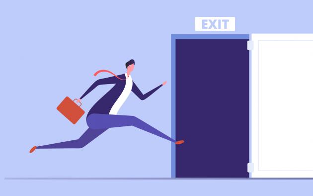 graphic image of business man run to open exit door