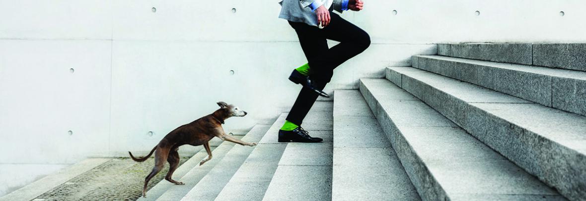 Man running up steps