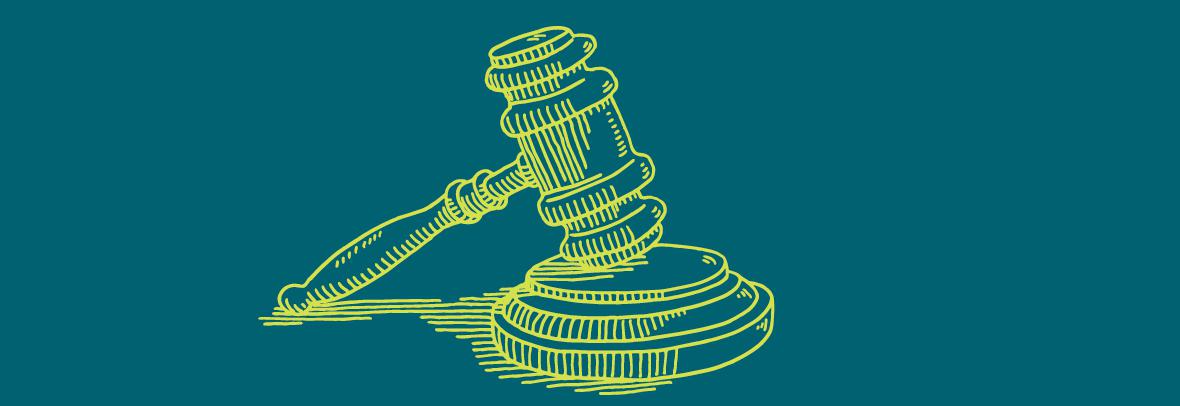 illustration of a gavel in green on a blue background