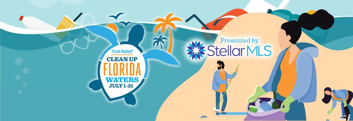 Illustration of people cleaning beach with logos