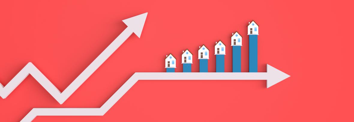 Bar chart with arrows and houses