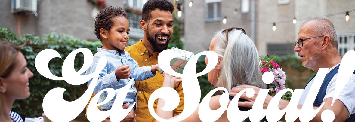 Photo of a group of people celebrating with the words Get Social! over it.