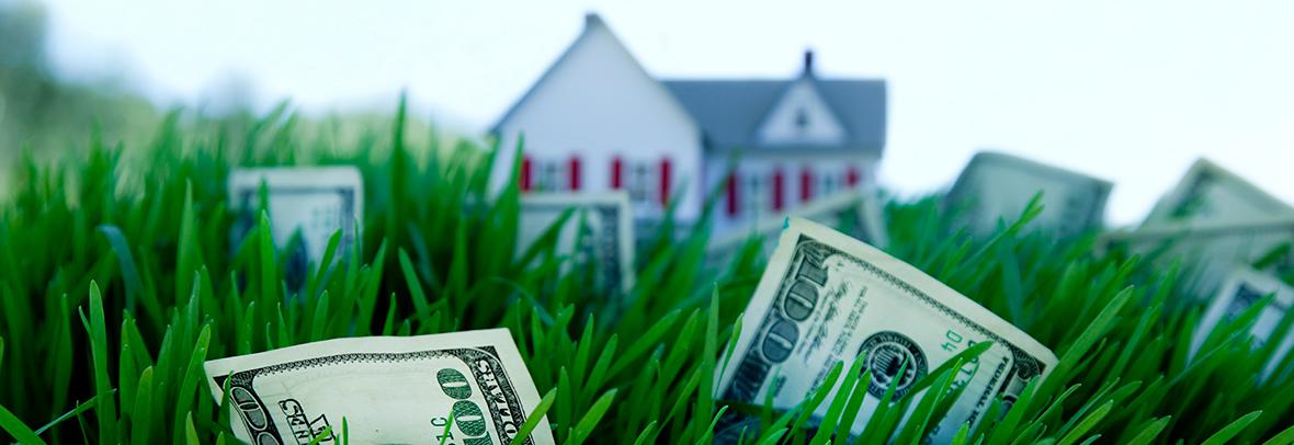 Photo illustration of a house nestled in grass and money