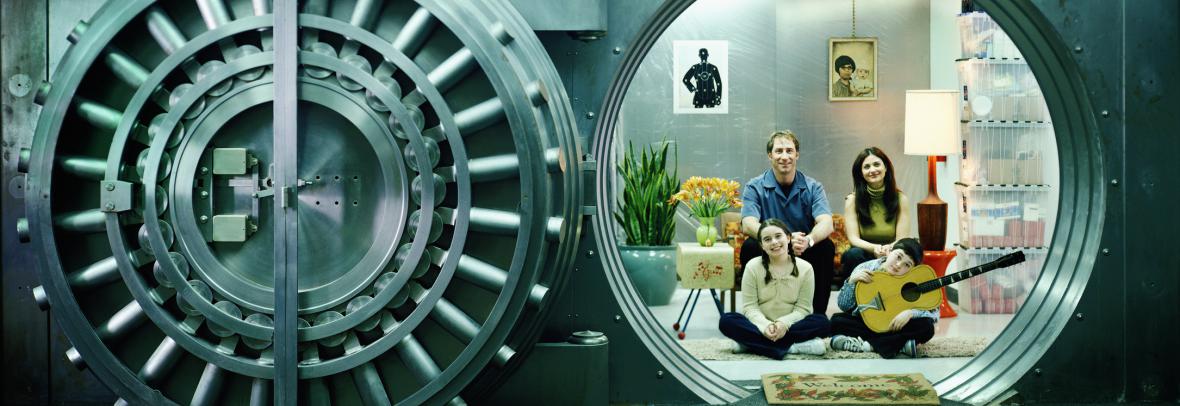 Open bank vault with family living room inside