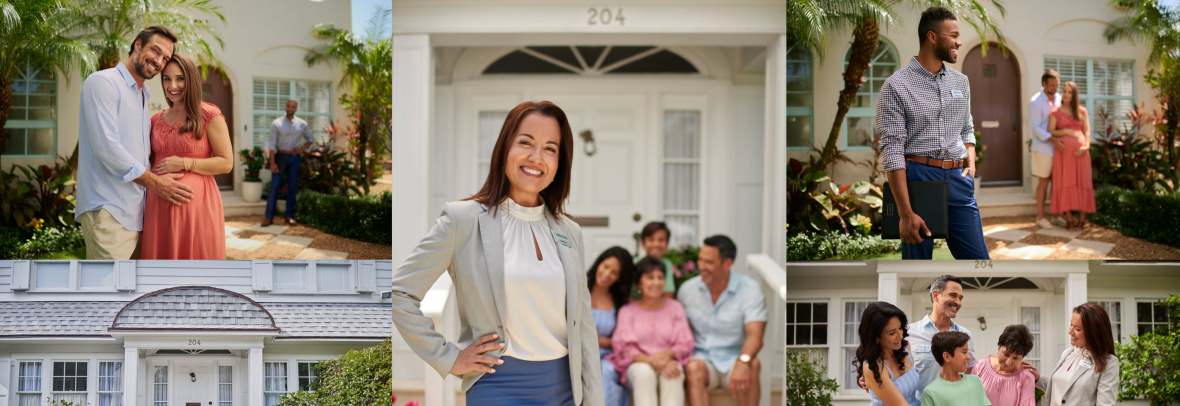 Realtor and two families stand in front of a house
