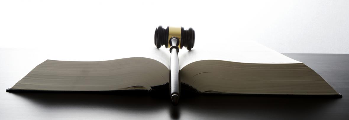 Legal gavel between the pages of an open book