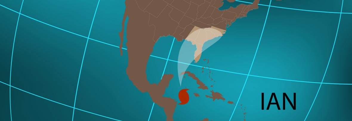 Graphic globe drawing shows track of Hurricane Ian
