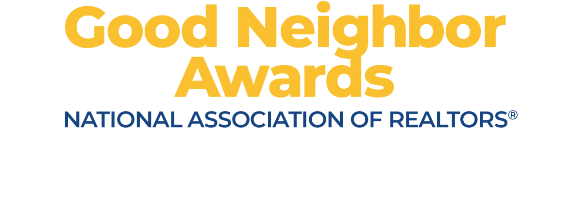 NAR Good Neighbor Awards logo, white house on gold background with blue stick people around it 