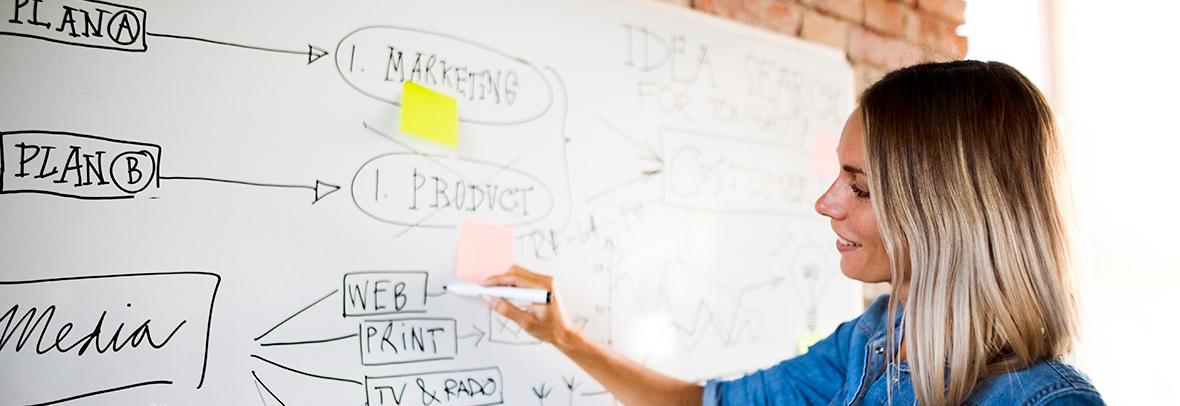 Photo of a woman writing on a marking plan on a white board
