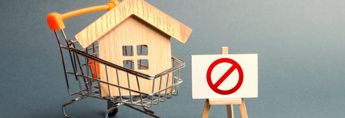 Wood replica of a house inside a shopping cart with a "no" symbol beside it on an easel