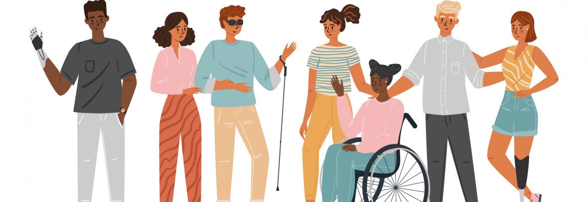 Seven people of different races and disabilities