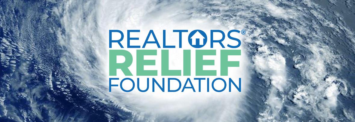 satellite image of a hurricane with words Realtors Relief Foundation over it