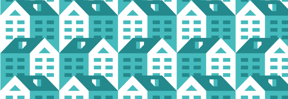 Illustration of blue graphic houses repeating pattern