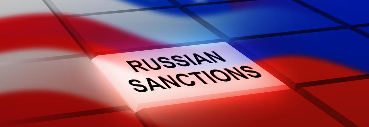 A Russian sanctions button in the middle of red, white and blue buttons