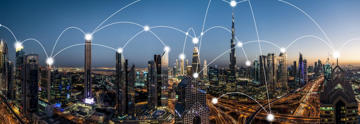 city skyline with illustrated lines connecting buildings