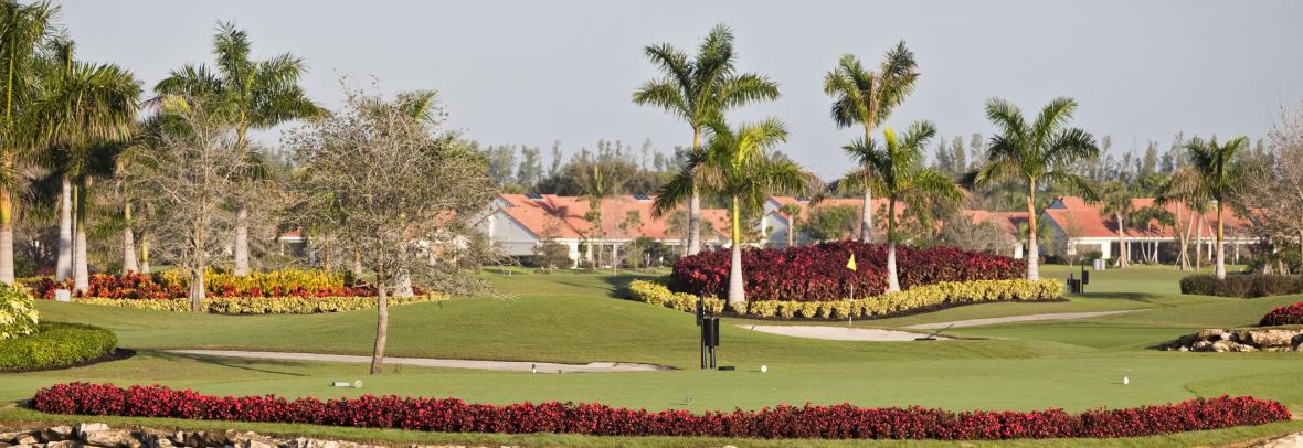 Condos behind one of the links on a Florida golf course fairway