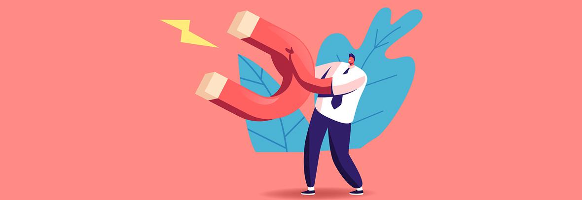 Illustration of a man holding a large magnet with lightening bolt