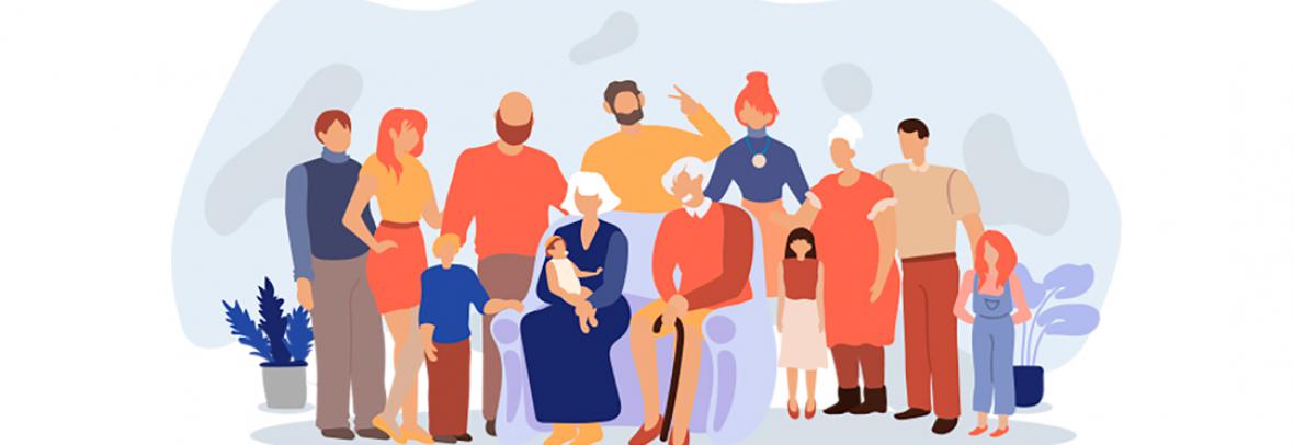colorful illustration of a group of people of different generations