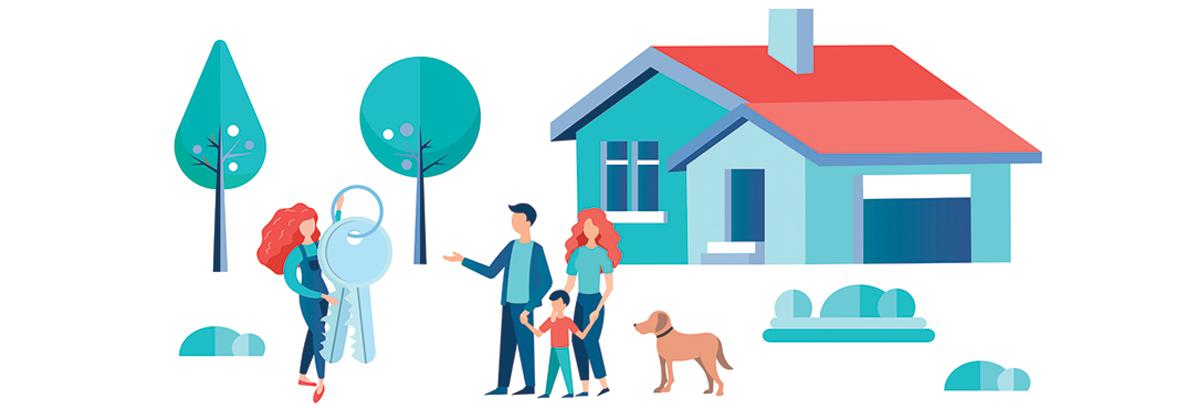 colorful illustration of a realtor holding the keys to a home with family in front of house