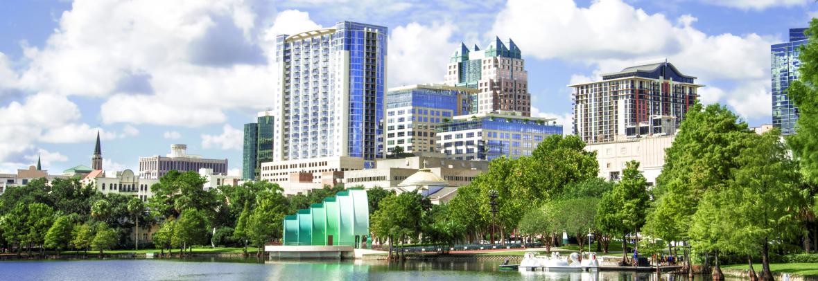 Orlando skyline from Lake Eola with amphitheater in the foreground