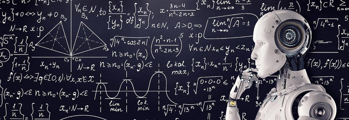 Robotic man thinking about mathematics