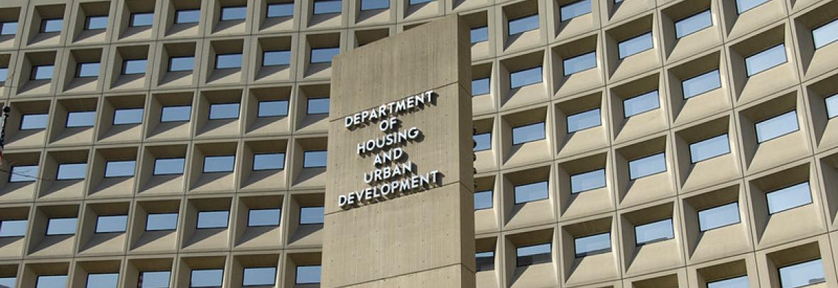 Image of the facade of the HUD building in DC. The building has the words "Department of Housing and Urban Development" on the front 